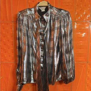 Vintage Alexandria Shimmering Plaid Silver Metallic Blouse with Tie Size 4